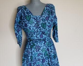 Vintage 1950's/1960's Cocktail Dress in Blue Floral with Bows