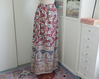 Vintage 1970s uses 40's Textile Paisley and Floral Print Maxi Skirt in Red, Yellow, White, and Blue XL