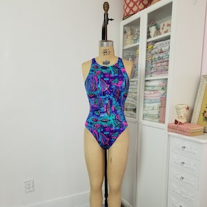 Vintage 1980&#39;s Bright Purple Blue Gold Leaf Print One Piece Swimsuit Hi Cut Leg Open Back / Jantzen / Small to Medium