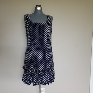 Vintage 1980&#39;s Blauw en Wit Polka Dot Jurk 20&#39;s Stijl