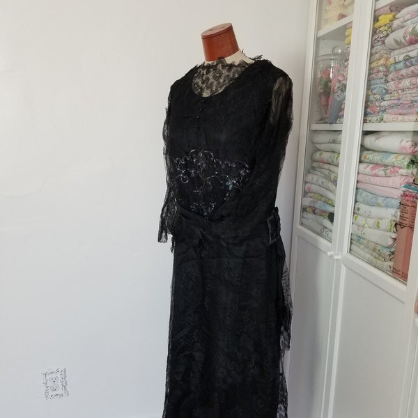 Antique 1910's / 20's Black Silk And Lace Dress With  Dropped Waist Sequins And Tiered Asymmetrical Hem For Study or Restoration