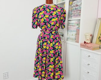 Vintage 1980's Does 40's Pink And Yellow Black Based Floral Skirt Set / Prophecy / Medium