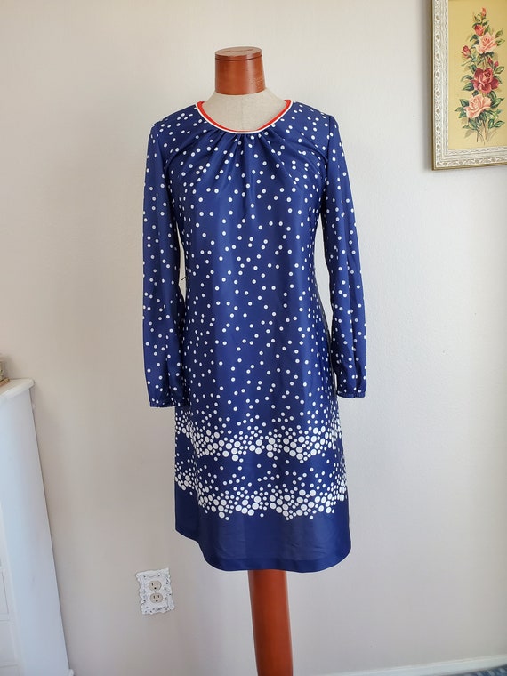 Vintage 1970's Navy Blue White Polka Dot Dress Long S… - Gem