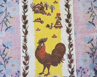 Vintage 1960's Linen Tea Towel Farm Girl and Chickens Rooster Yellow Crochet Trimmed | 15.5" x 28"