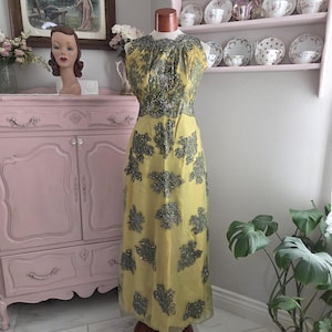 Evening Elegance | Vintage 1960&#39;s Chartreuse Yellow Green Beaded Lace Applique Maxi Dress Evening Gown | Small to Medium