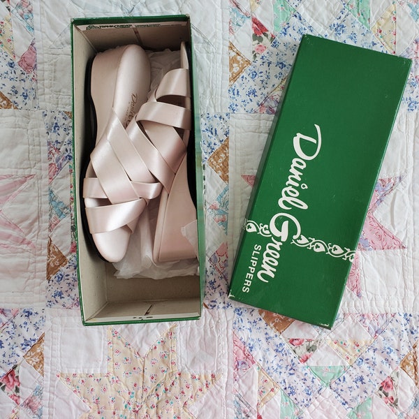 Vintage 1960's Pink Satin Strappy Toe Boudoir Slides With Wedge In Original Box | Daniel Green | Size 6.5