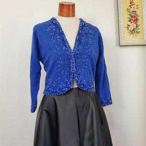 Vintage 1950&#39;s / 60&#39;s Dark Royal Blue Beaded Wool Angora Cardigan Sweater | Size 44