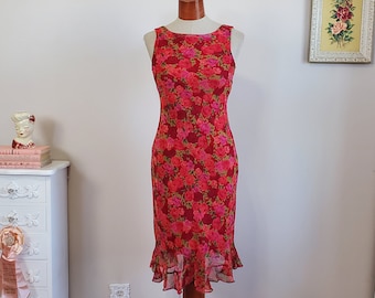 Red Rose | Vintage 1990's / Y2K Red Pink Roses on Red Crepe Bias Cut Slip Dress Retro Style Grunge Fashion | California Concepts | Medium