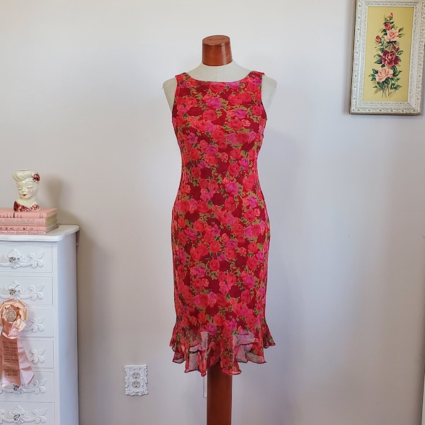 Red Rose | Vintage 1990's / Y2K Red Pink Roses on Red Crepe Bias Cut Slip Dress Retro Style Grunge Fashion | California Concepts | Medium