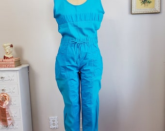 Shop Cutie | Vintage 1980's Turquoise Blue Cotton Ribbed Accent Jumpsuit | IDEAS | Large