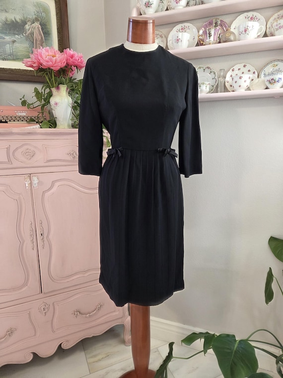 The Gaslight | Vintage 1950's / 60's Black Crepe Cocktail Dress With Bows and Button Back | Jeanne D'arc | Small