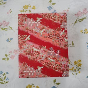 Vintage Mid Century 50&#39;s/60&#39;s Red and Pink Crane Print Asian Style Fabric Covered Trinket Jewelry Box |  Dresser Box