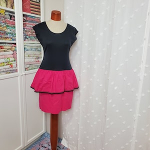 Vintage 1980&#39;s Black and Hot Pink Peplum Dress Tank Dress / You Too Babes / Small to Medium