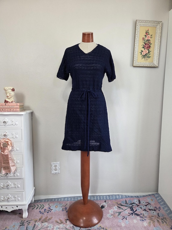 knitted day dress Silver Gray Cotton Crochet Lace Dress, Hand Crocheted Midi Dress, Women's M, Lurex Sparkle Detail, Ready to Ship