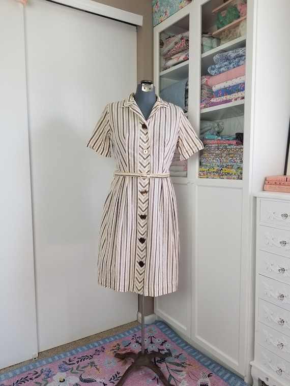 cream dress with brown belt Velvet by Graham & Spencer Maggie Patterned Dress