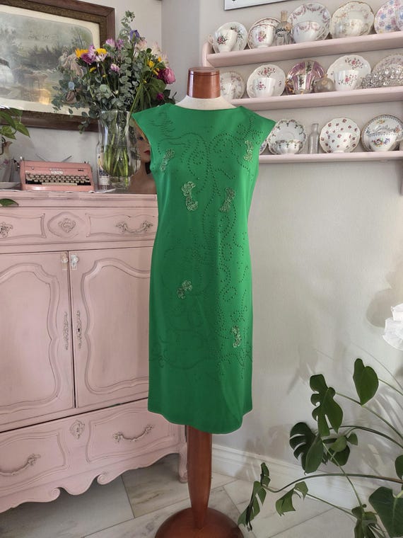 Vintage 1960's Bright Kelly Green Sheath Dress With Ribbon Work and Studs | Medium