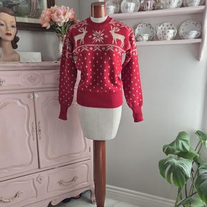Vintage 1940&#39;s Red Reindeer and Snowflake Wool Sweater | Jantzen | Size 40