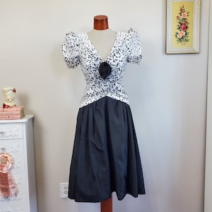 Party Girl Vintage 1980&#39;s Black and White Flocked Dotted Party Dress | Morton Myles | Small