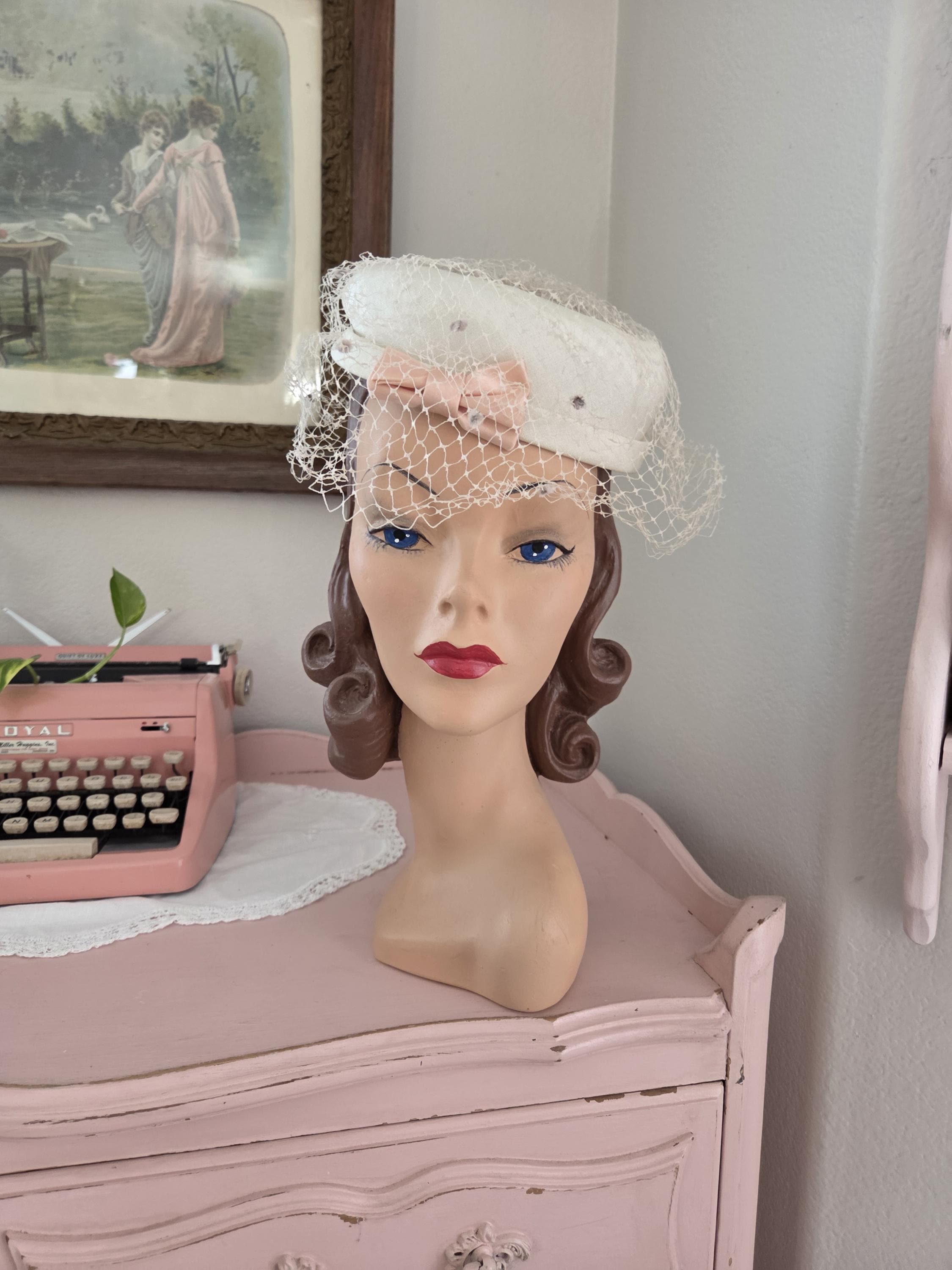 Vintage Union-Made Pink Pillbox/ FASCINATOR  Hat with Veil Candy Pink Pillbox Hat with Veil & Curled Quill main image 4