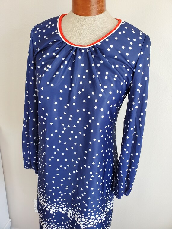Vintage 1970's Navy Blue White Polka Dot Dress Long S… - Gem