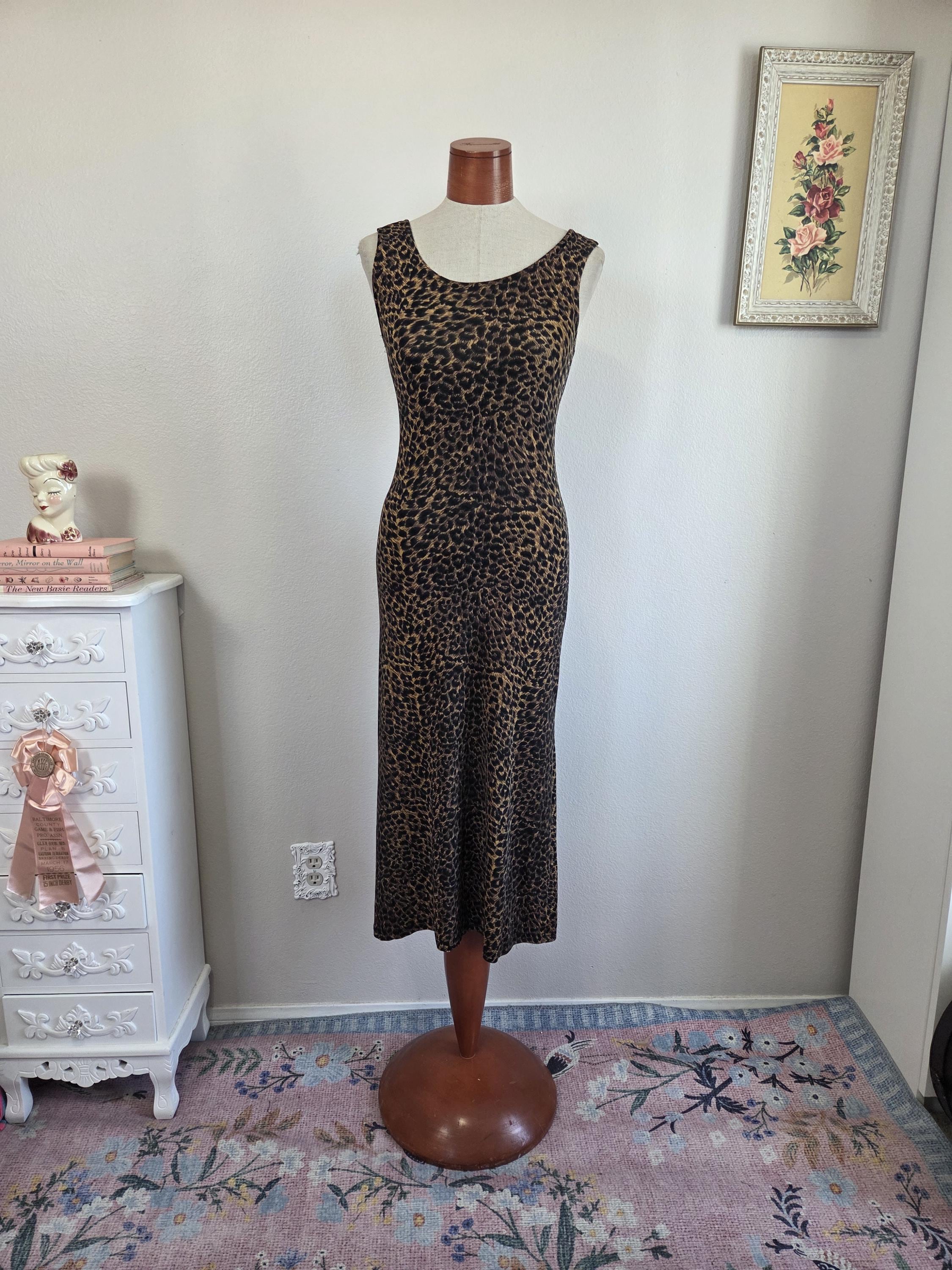 Here Kitty Kitty | Vintage 1990's / Y2K Leopard Cheetah Print Body Con Stretch Knit Dress | Small