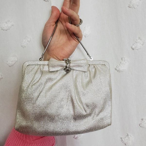 Vintage 1950's Silver Marilyn Style Small Purse Or Clutch With Bow And Rhinestone Details