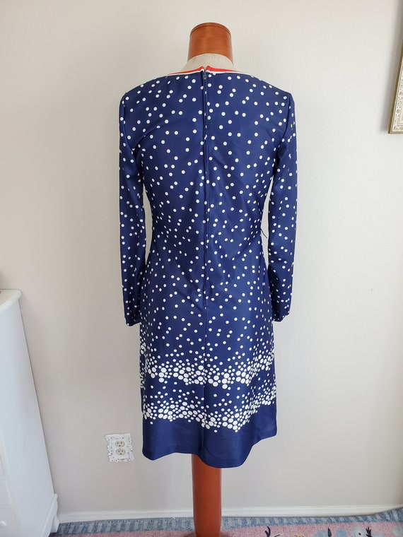 Vintage 1970's Navy Blue White Polka Dot Dress Long S… - Gem