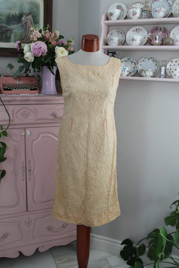 pale cream shift dress Vintage 60's Lace | Medium Trims Color:Gold Dark Green A-Line Lace Black_Swan_Costume together without trying too Sequin