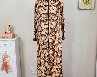 Vintage 1970's Brown and Cream Knit Butterfly or Moth Floral Print Maxi Hostess Zip Front Gown Long Sleeves | Medium