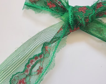 Vintage 1960&#39;s / 70&#39;s Red and Green Lace Trim 3 Inches Wide | 3 Yards BTY | Christmas Crafts Decor Scrapbooking Junk Journal Supply