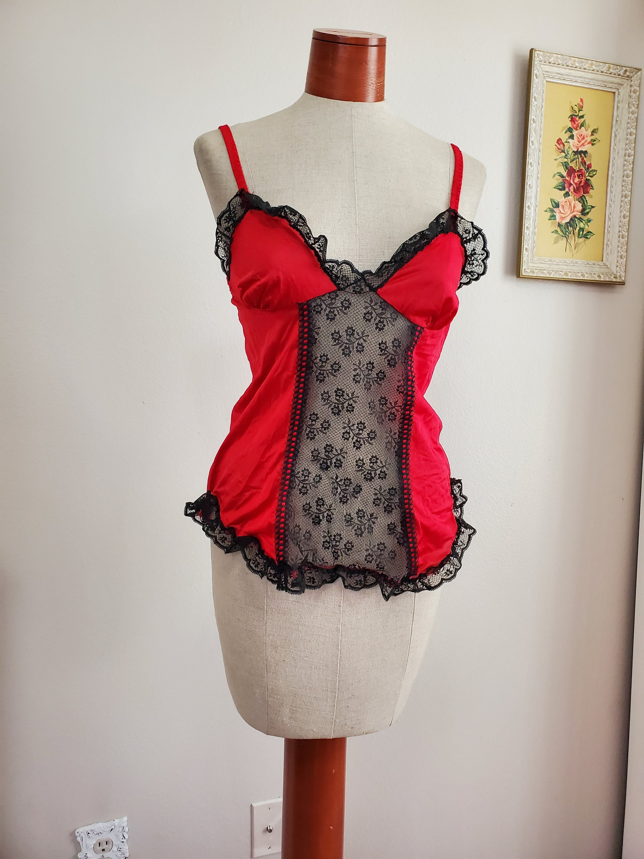Vintage 1970's / 80's Red Nylon Black Lace Lingerie Top | Nan