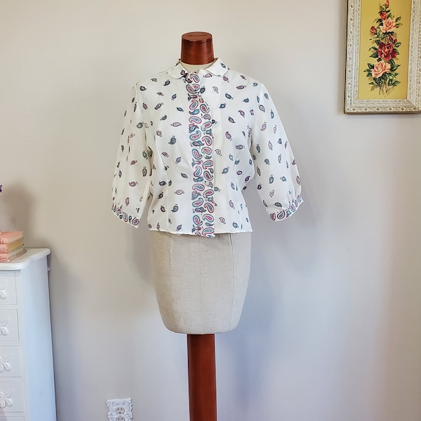 Miss Paisley | Vintage 1950's / 60's Paisely Print Grey Pink Aqua on White Button Down Dacron Blouse | Medium Large Size 38