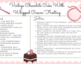 Vintage Inspired Downloadable Recipe Card | Vintage Chocolate Cake With Whipped Cream Frosting | Baking Vintage Recipe Digital Download