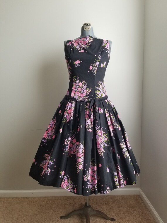 Vintage 1950's Black and Pink Floral Sundress