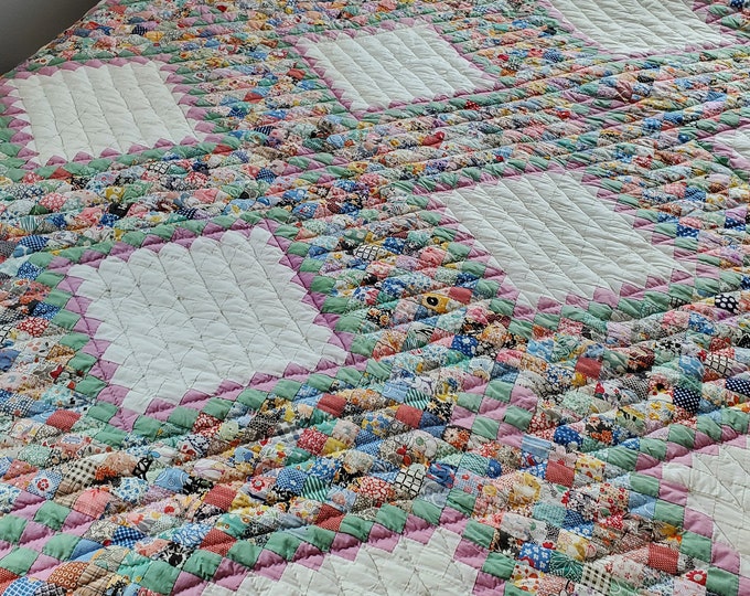 Vintage 1940's / 50's Postage Stamp Irish Chain Quilt Feed Sack Fabrics