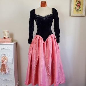 At the Ballet | Vintage 1980&#39;s Black Velvet and Peach Iridescent Taffeta Princess Gown With Basque Ballet Bodice | Small