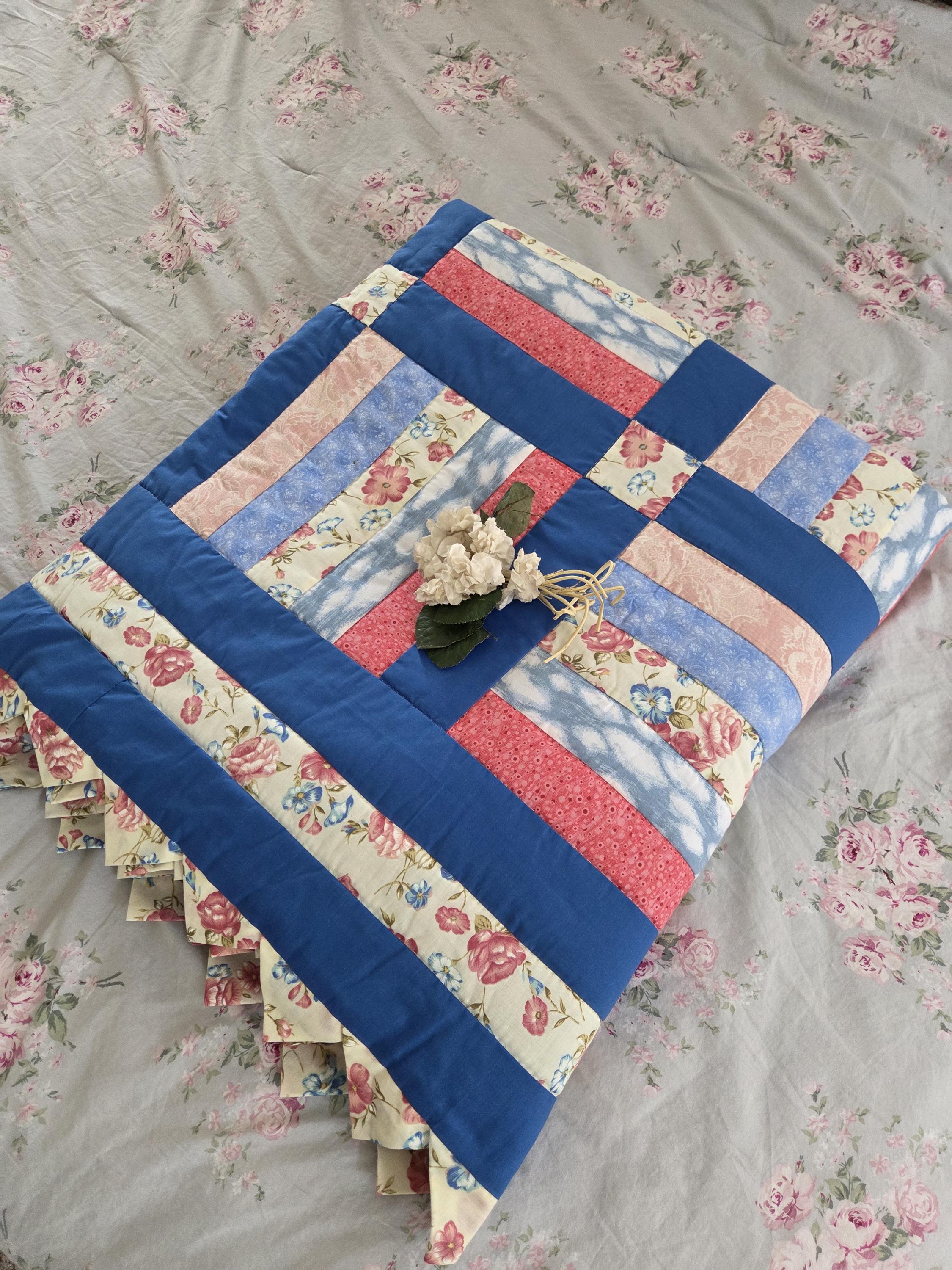 Vintage 1990's Patchwork Quilt Soft Red Blue and Floral Prairie
