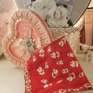 Vintage 1950&#39;s NOS Red Heart Novelty Print Handkerchief Deadstock | Vogue Burmel February Hanky | Valentine&#39;s Day Gift For Her