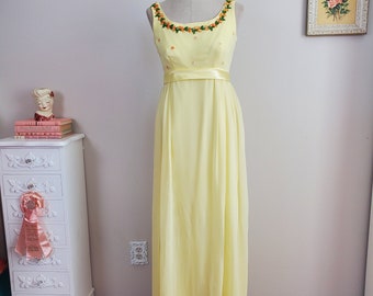 Vintage 1960's Yellow Chiffon Floral Embellished Empire Waist Dress Satin Ribbon Waist Sash | Union Label | Small to Medium Bridgerton Style
