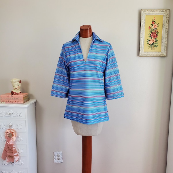 Vintage 1970's / 80's Blue Red Collared Tunic Blouse | Teddi of California | Medium