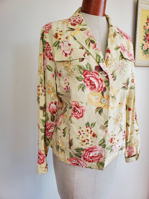 Vintage 1990's / Y2K Cabbage Rose Cream Linen Ble… - image 3