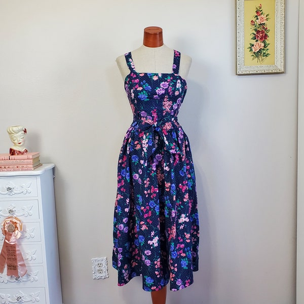 Vintage 1980's Navy Bright Floral And Polka Dot Strappy Open Back Sun Dress Full Skit | Miss Oops California | Small