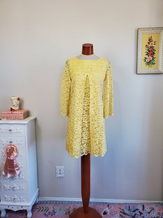 VIntage 1960's Sunshine Yellow Lace Mini Dress Lon