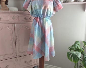 Lisa Jo / Abito vintage in misto cotone a quadri pastello anni '80 Picnic Perfection / Piccola