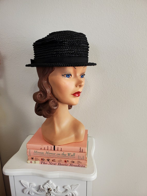 Vintage 1950's / 60's Black Straw Hat with Grosgra