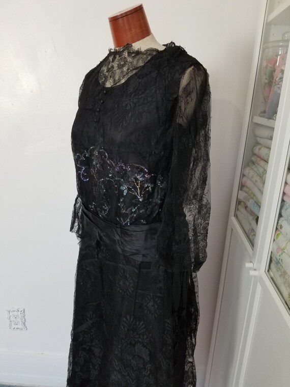 Antique 1910's / 20's Black Silk And Lace Dress W… - image 2