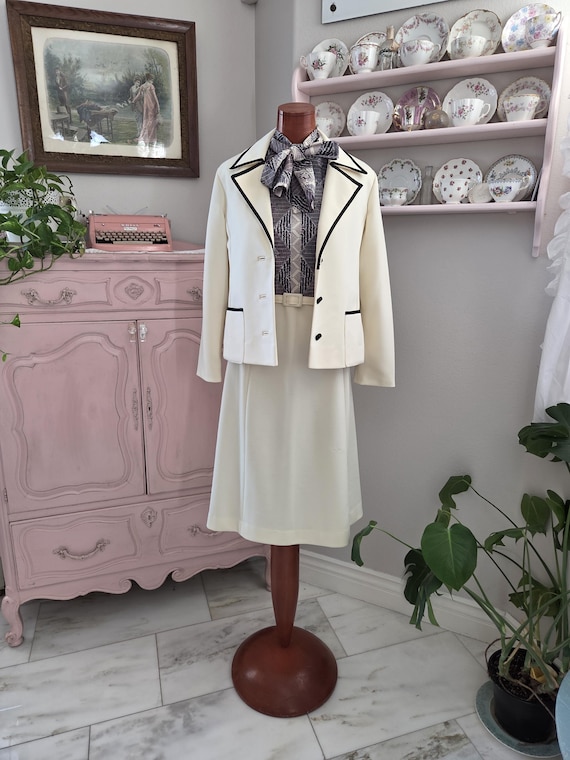 Smart Cookie | Vintage 1960's / 70's Navy and Cream Dress and Jacket Suit | Roberta Lee Original | Small to Medium Smart Cookie | Vintage 1960's / 70's Navy and Cream Dress and Jacket Suit | Roberta Lee Original | Small to Medium