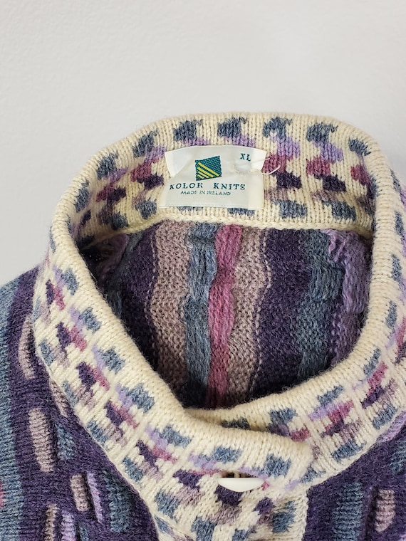 トップス Made in Ireland 1980's vintage cardigan Vintage 1980's Purple Blue and Cream Wool Cardigan Sweater Irish