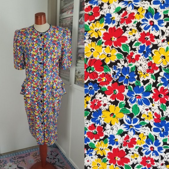 Vintage 1980's Does 40's Primary Floral Peplum But