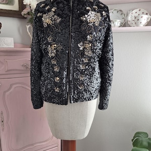 Sylvia Sweater | Vintage 1960&#39;s Black And Gold All Over Sequinned Cardigan Sweater | Size 44 Large